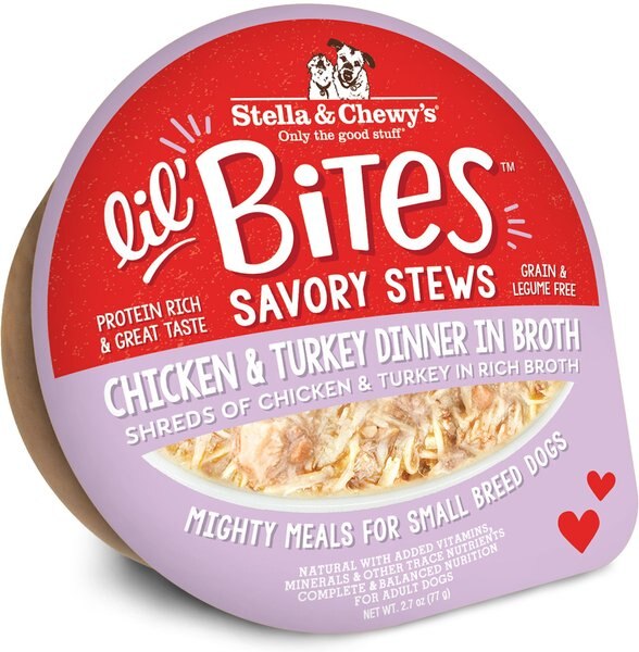 Stella and Chewy's Lil Bites Savory Stews Grain-Free Chicken and Turkey in Broth Flavored Shredded Small Breed Wet Dog Food， 2.7-oz cup， case of 12