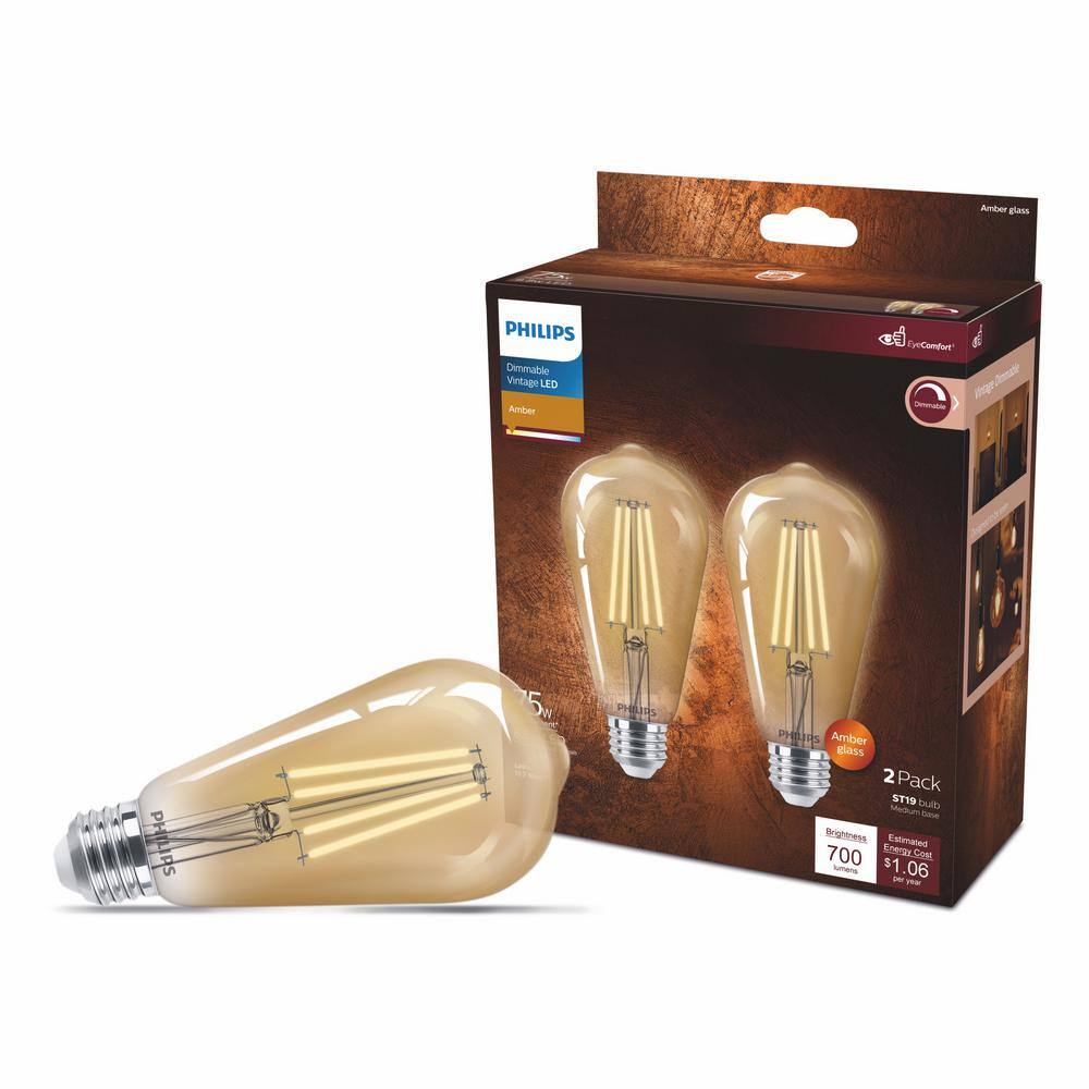 Philips 75-Watt Equivalent ST19 Glass Dimmable E26 Vintage Edison LED Light Bulb Amber 2000K (2-Pack) 565969