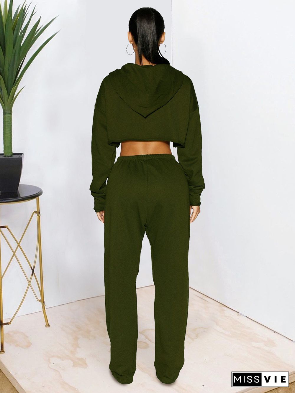 Thicken Zip Hooded Crop Top Wide Leg Pants Set