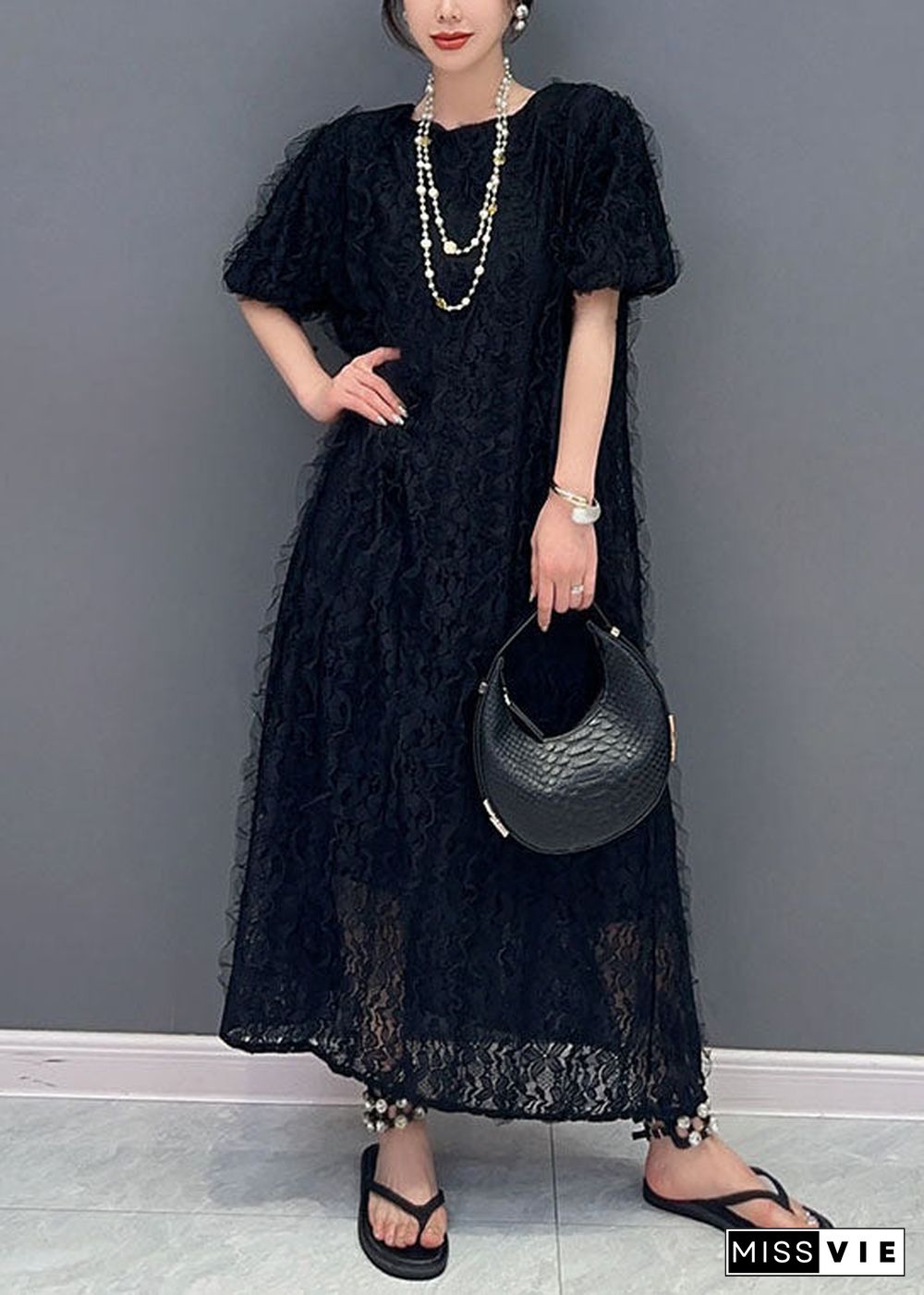 Boutique Black O-Neck Ruffled Patchwork Long Lace Dress Summer