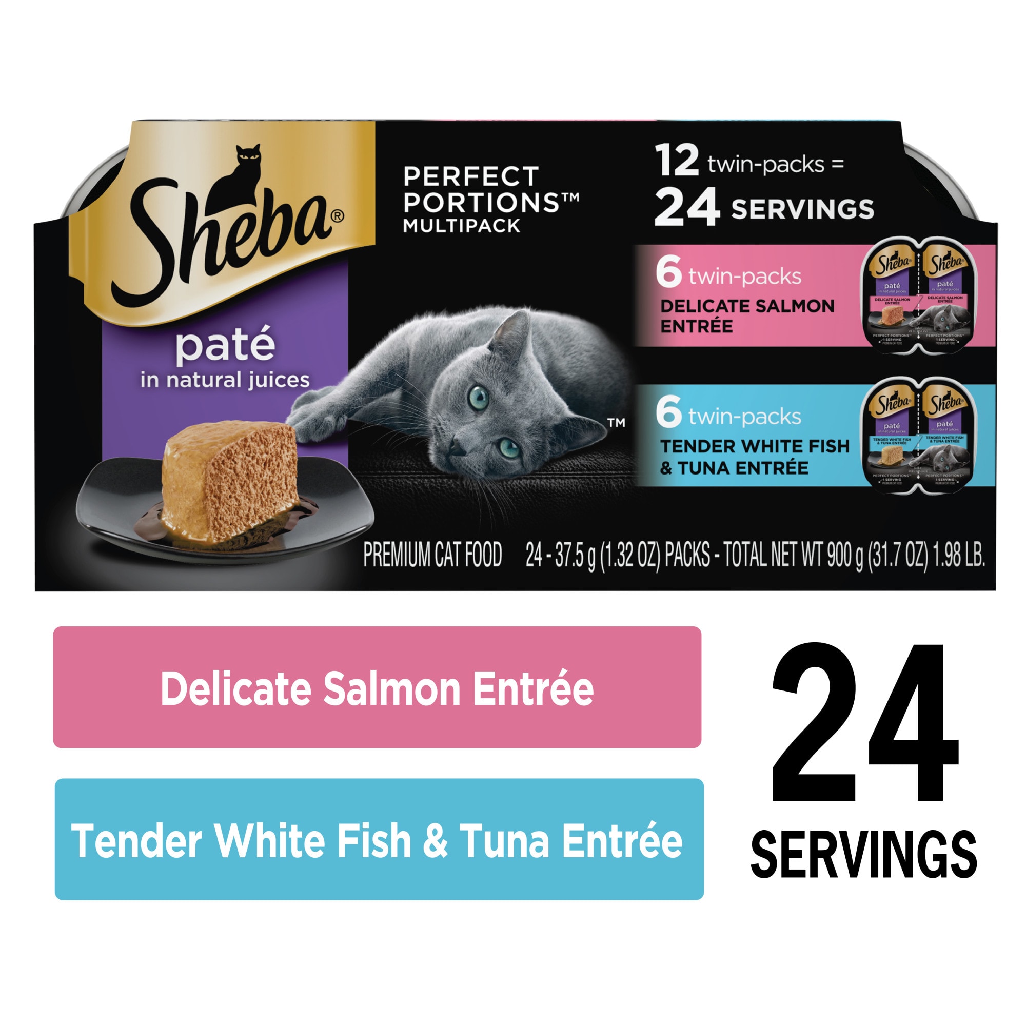 Sheba Perfect Portions Multipack Delicate Salmon and Tender Whitefish  Tuna Entrees Wet Cat Food， 2.64 oz.， Count of 12