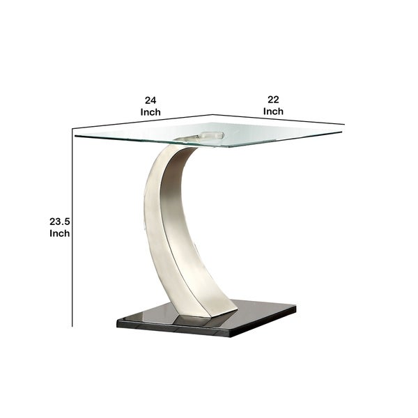 Glass Top End Table with Curved Pedestal Base， Black and Gray