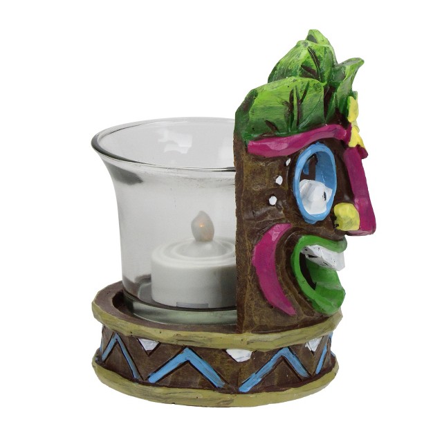 Smiling Tiki Mask With Yellow Flower Candle Holder