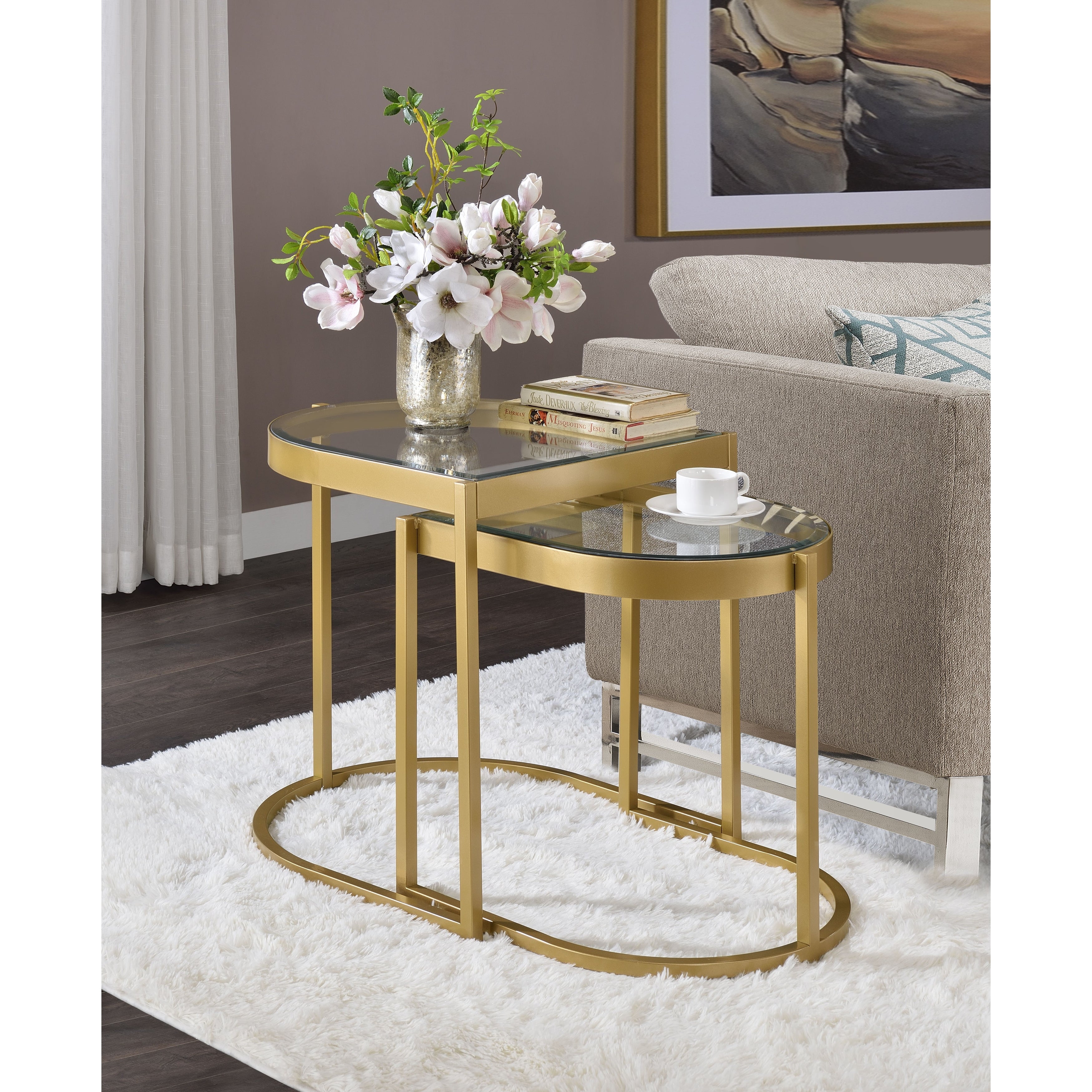 2PCS Contemporary Timbul Nesting Table， Clear Glass Top and Gold Finish