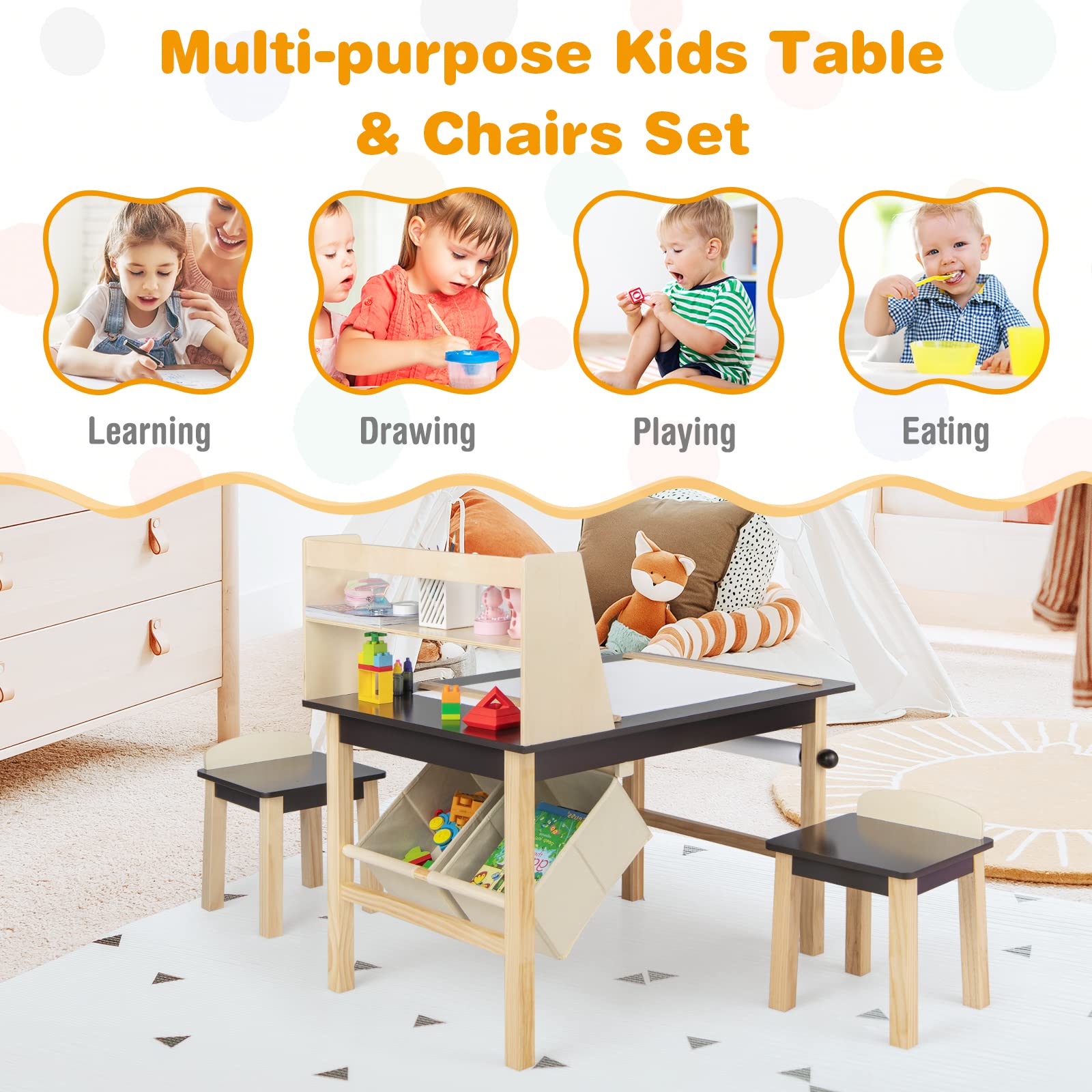 Costzon Kids Art Table and Chair Set, Wooden Drawing Painting Craft Center