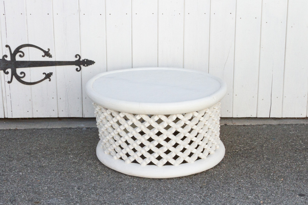 Aged White Bamileke Round Table   Farmhouse   Coffee Tables   by De cor  Houzz