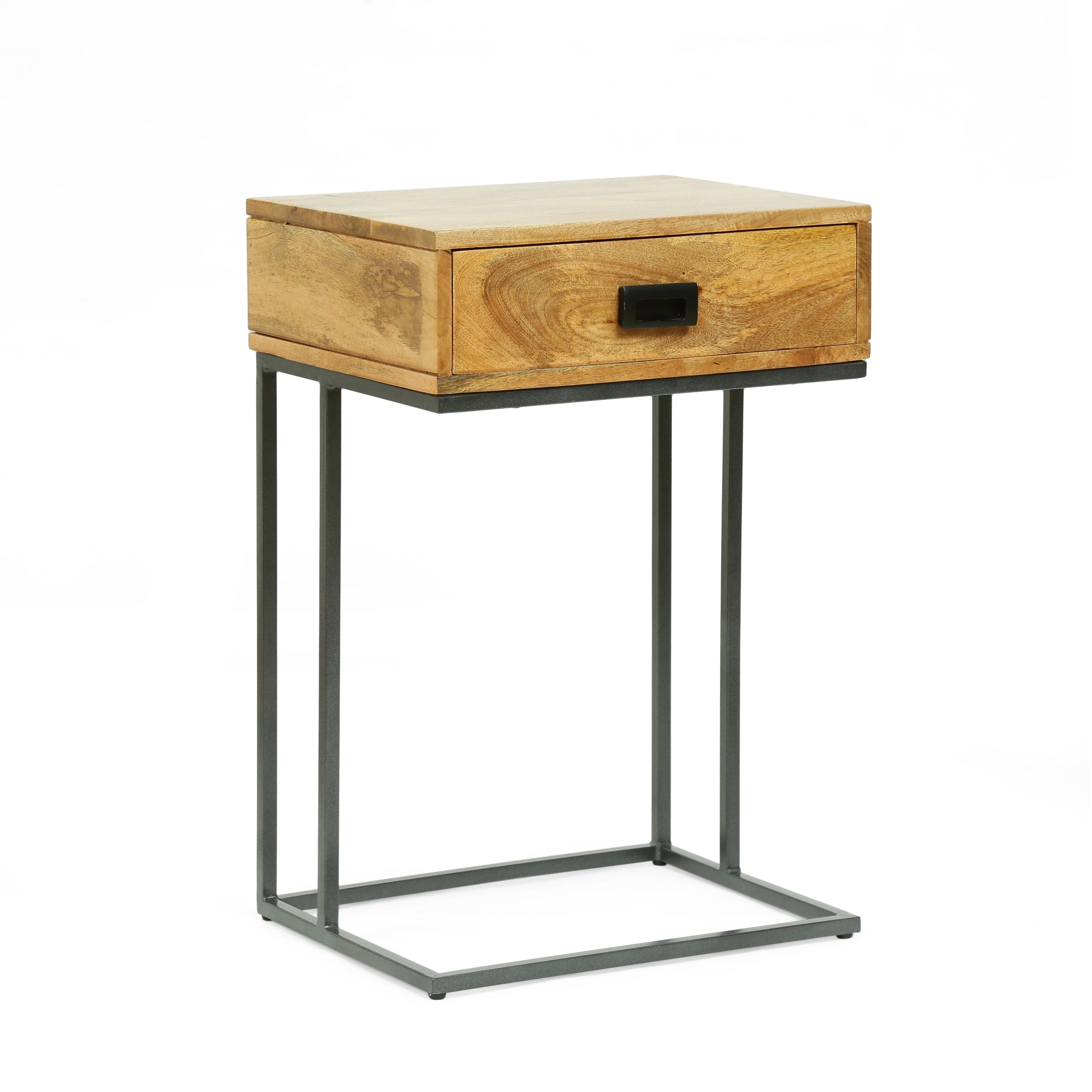 Aranda Modern Industrial Handmade Mango Wood C-Shaped Side Table with Drawer, Natural and Gray