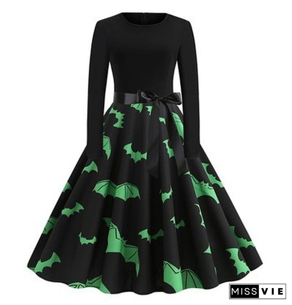 Halloween Print Stitching Long-Sleeved Big Dress