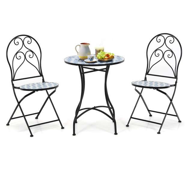 Tangkula 3pcs Patio Mosaic Design Folding Chairs Side Table Set Bistro Set Classic Furniture Chair Set For Garden