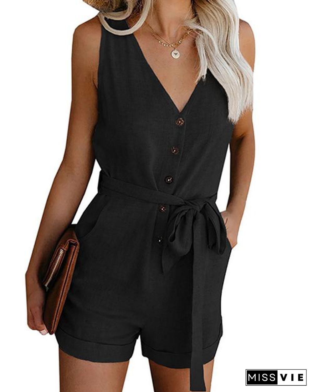 Casual V-neck Button Belt Sleeveless Rompers