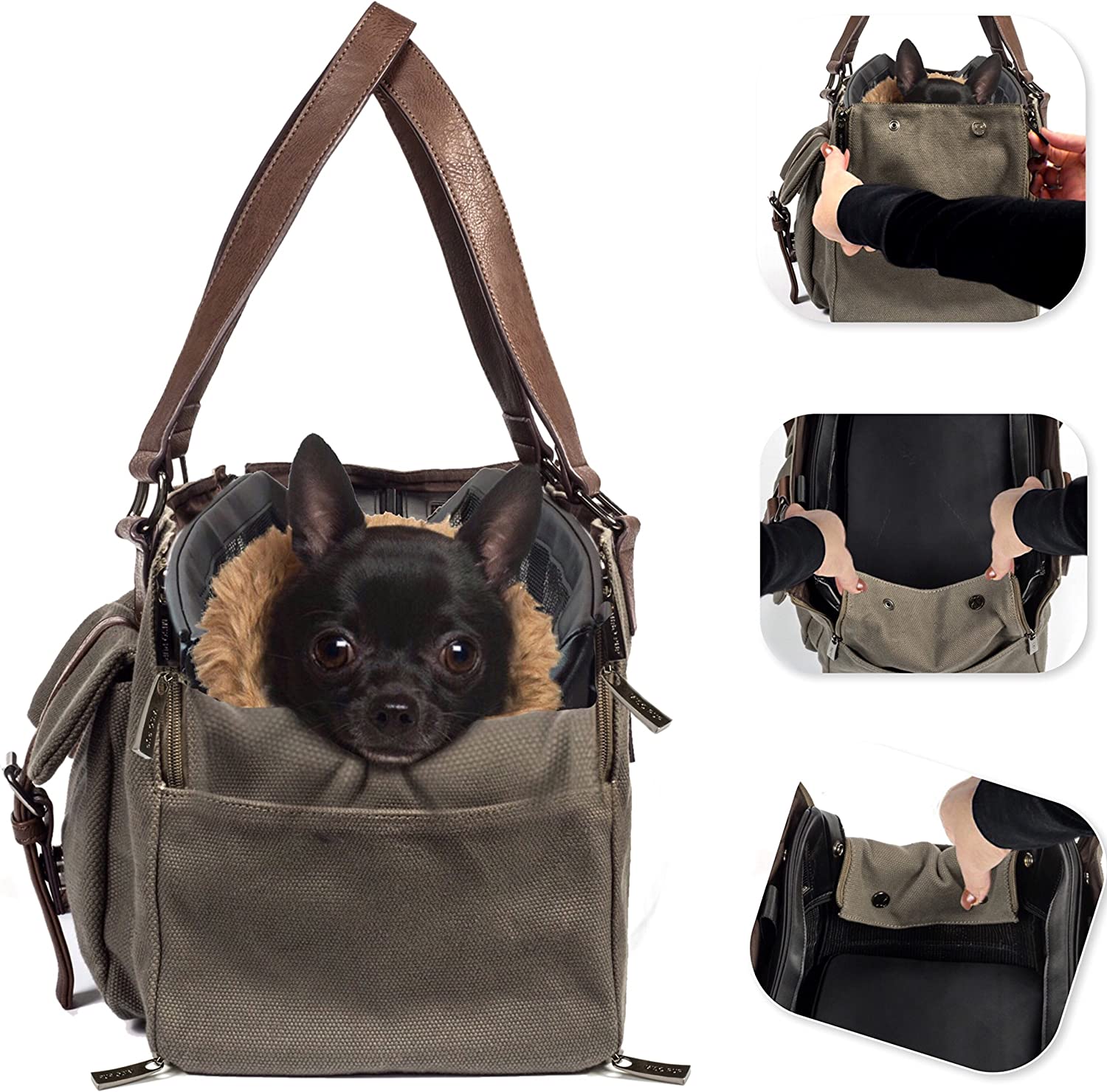 MISO PUP Weekend Green Canvas Interchangeable Airline Approved Pet Carrier Combo with Pockets for Small Dogs (Pet Carrier Base and Shell Tote)