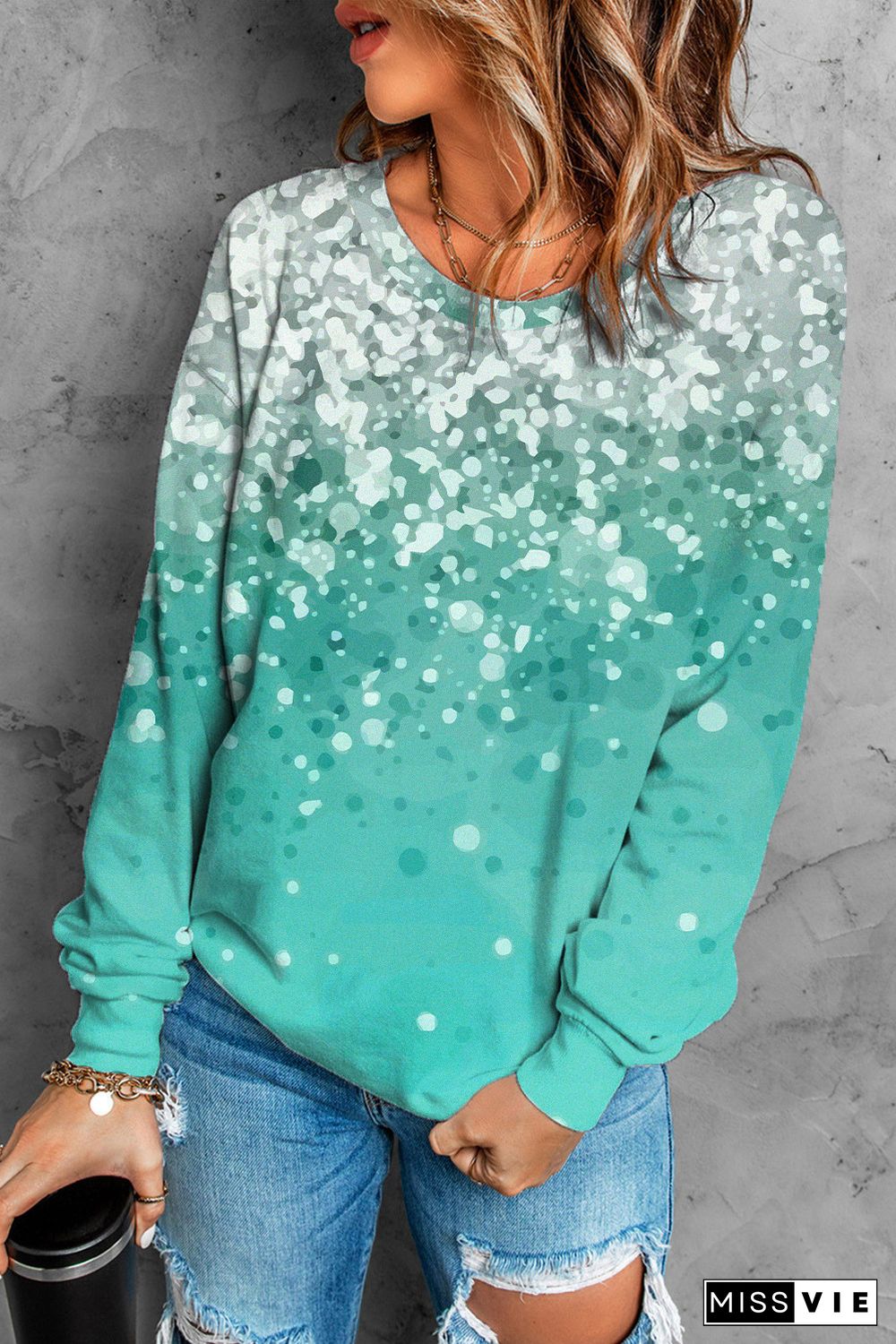 Sky Blue Bleached Splatter Gradient Long Sleeve Sweatshirt