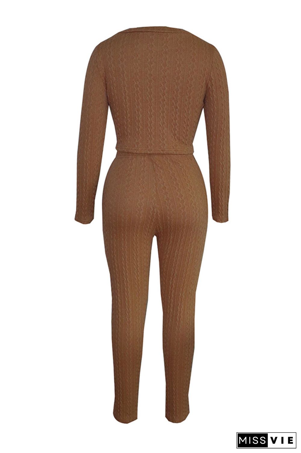 Coffee Elastic Fly Long Sleeve Mid Solid pencil Pants Two-piece suit