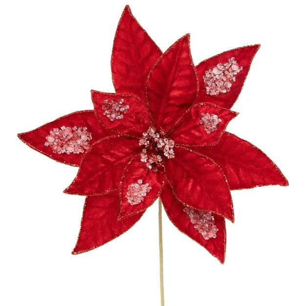 Icy Red Velvet Poinsettia Glittered Christmas Stem Spray