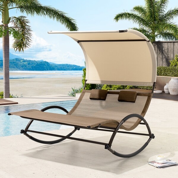 Outdoor Double Chaise Lounge Chair Rocking Lounger with Sunshade Canopy