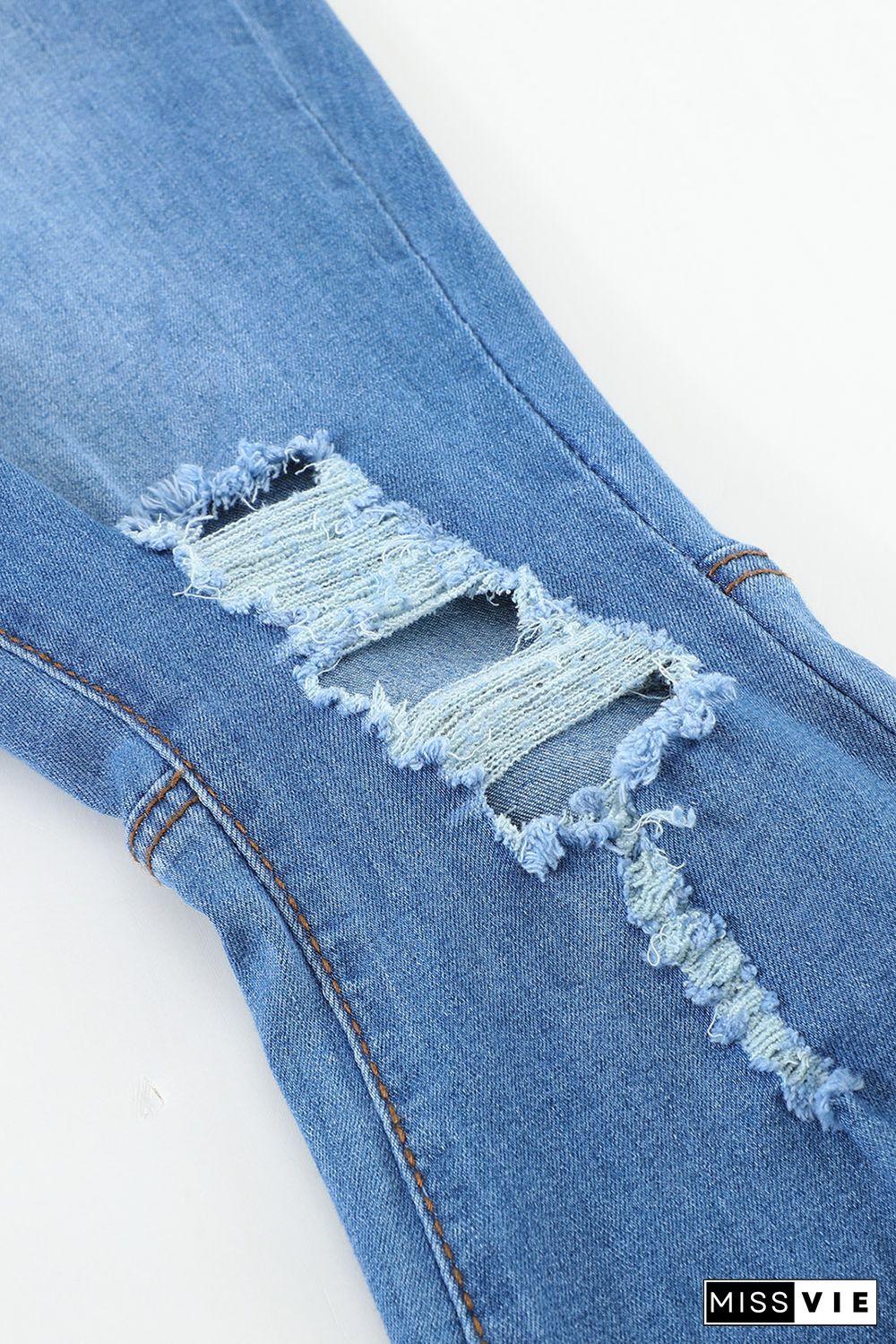 Sky Blue High Waist Raw Hem Button Ripped Flare Jeans