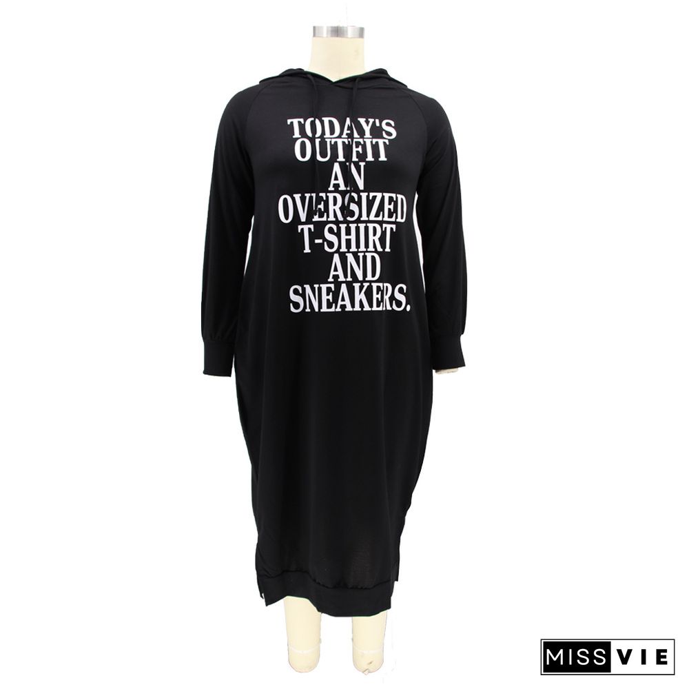 Letter Print Long Sleeve Hooded Loose Plus Size Dress