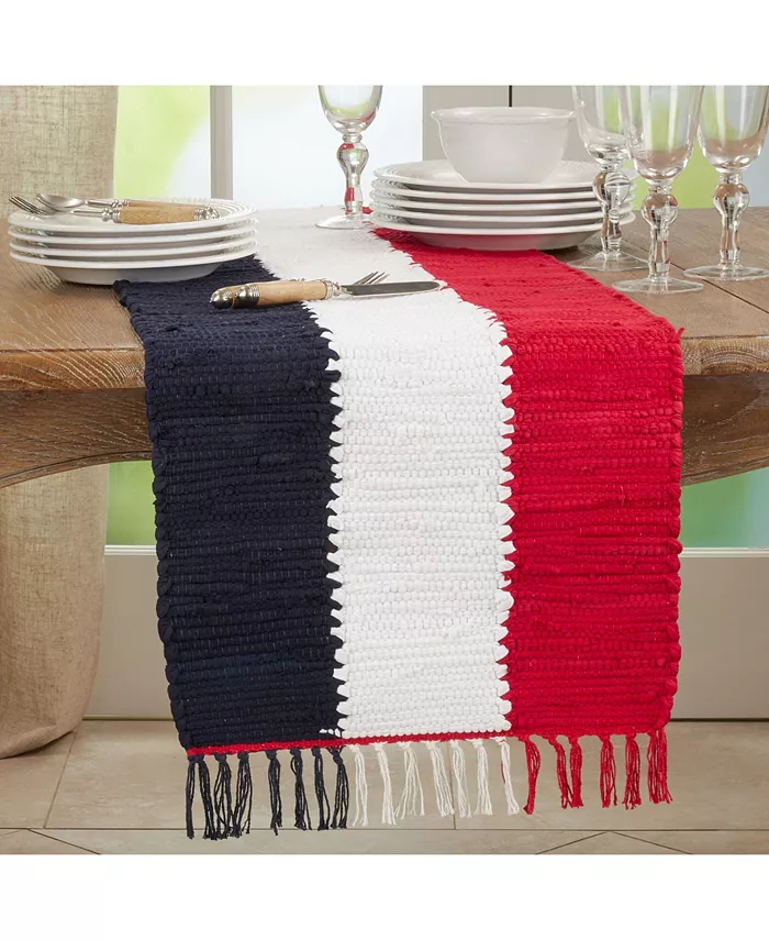 Saro Lifestyle Cotton Table Runner with Patriotic Chindi Design 72 x 16