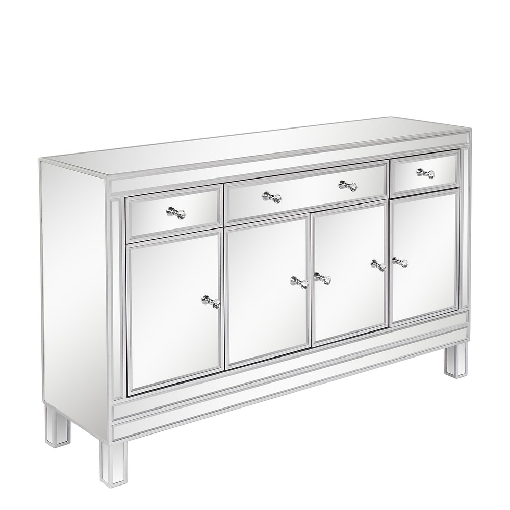 Mirrored Finish Glass TV Stand with 3 Drawers 4 Doors Cabinet