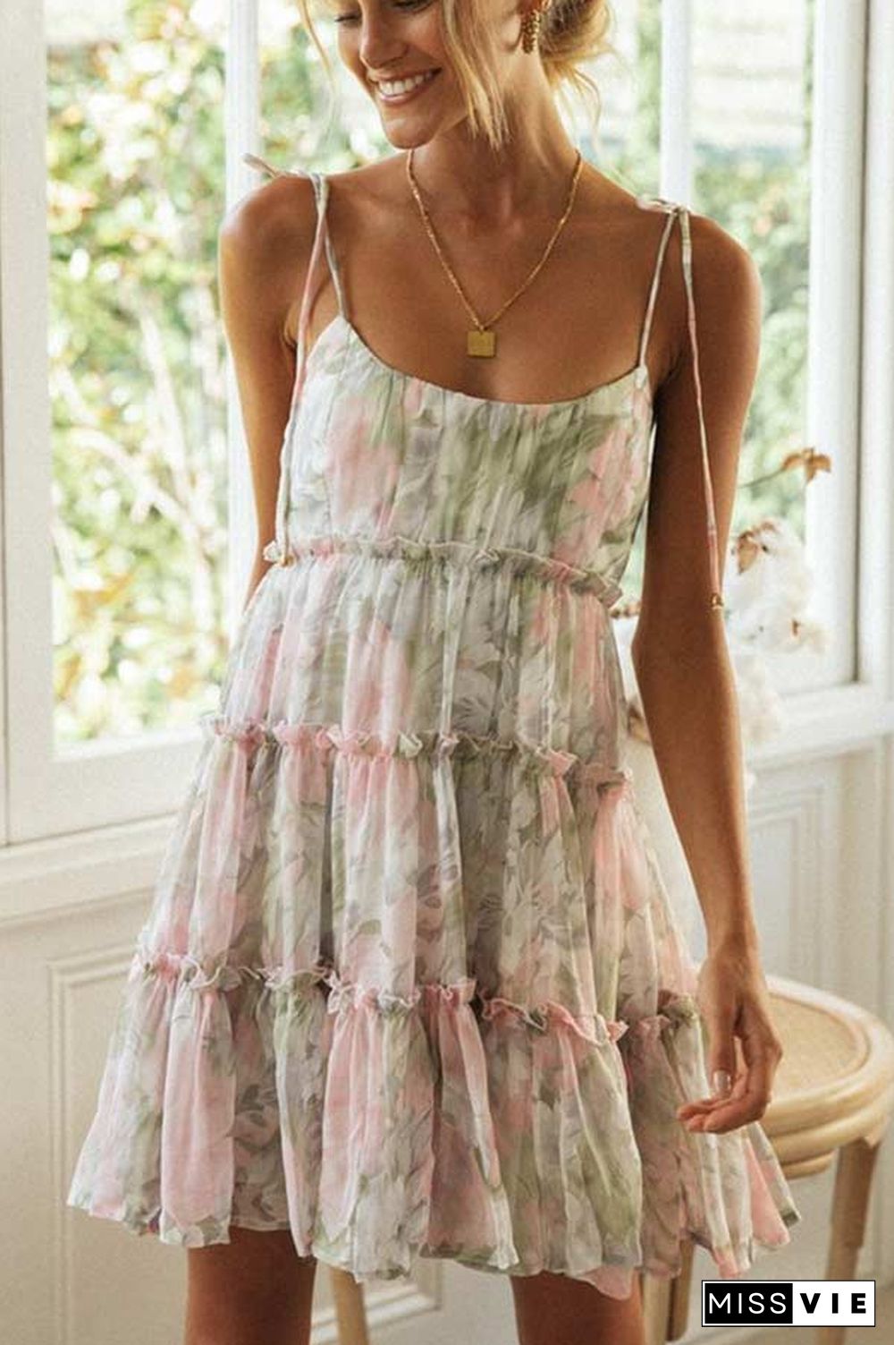 Fashion Lovely Print Sling Chiffon Dress