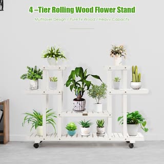 Costway 45.5 in. x 10 in. x 31.5 in. Ladder Indoor Outdoor White Wood Plant Stand (4-Tiers) J9D3WR3