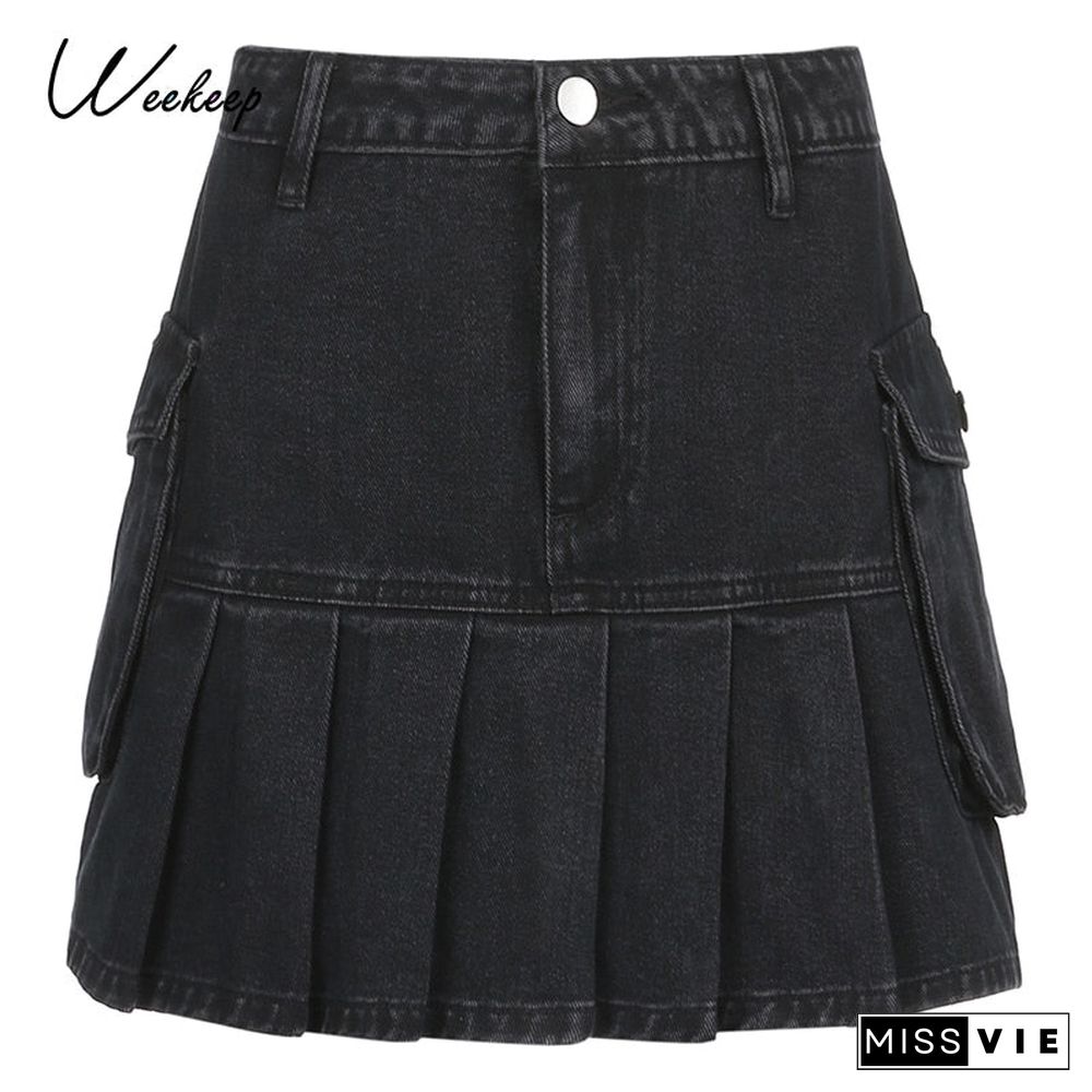 Weekeep Black Pleated Skirts Women Denim Skirt New Aesthetic Streetwear Ruffle Mini Sexy Skirts Harajuku Elegant Bottom 90s