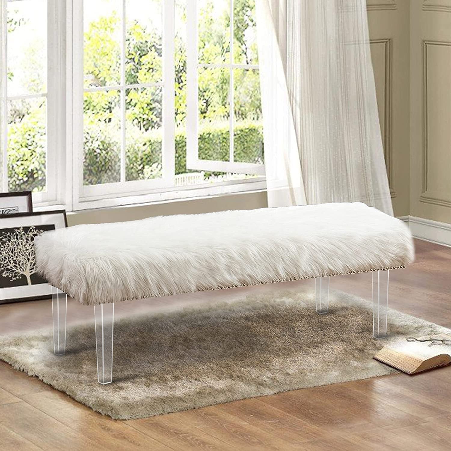 Andeworld Modern White Faux Fur Ottoman Bench Upholstered Bench for Bedroom/Living Room/Entryway Decorative Accent Bench with Acrylic Legs