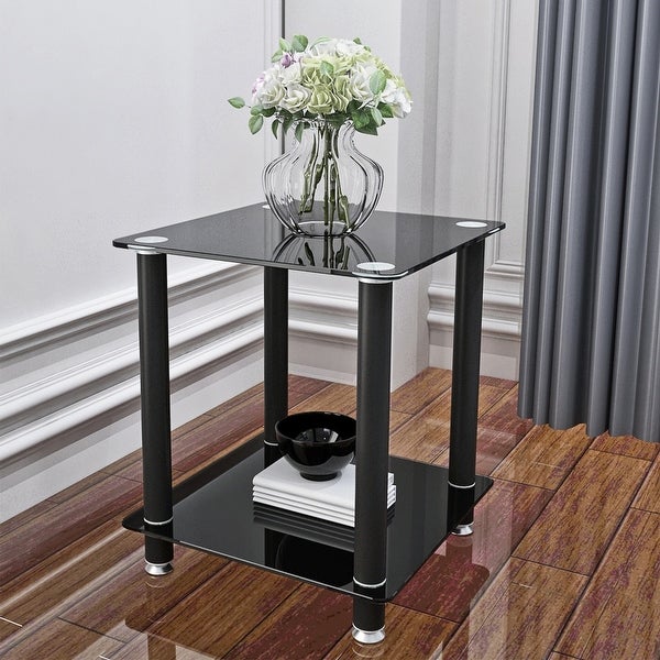 2-Tier Glass Metal Side Table with Storage Shelve， 2-Piece