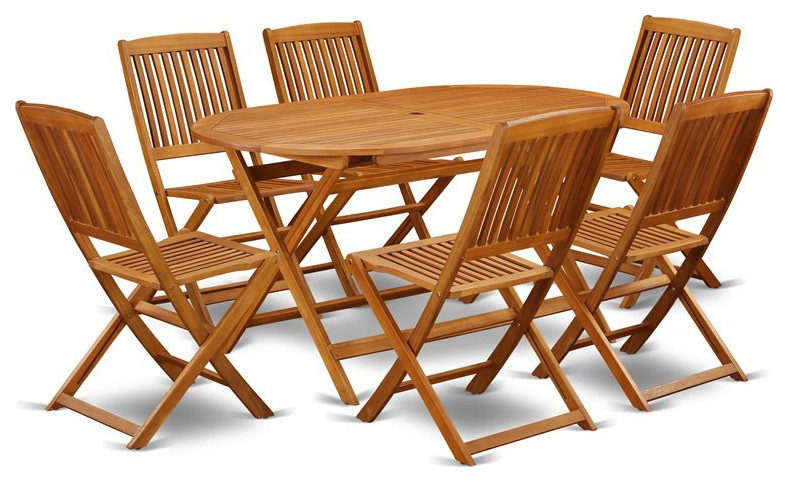 East West Furniture Diboll 7 piece Wood Patio Set in Natural Oil   Transitional   Outdoor Dining Sets   by Homesquare  Houzz