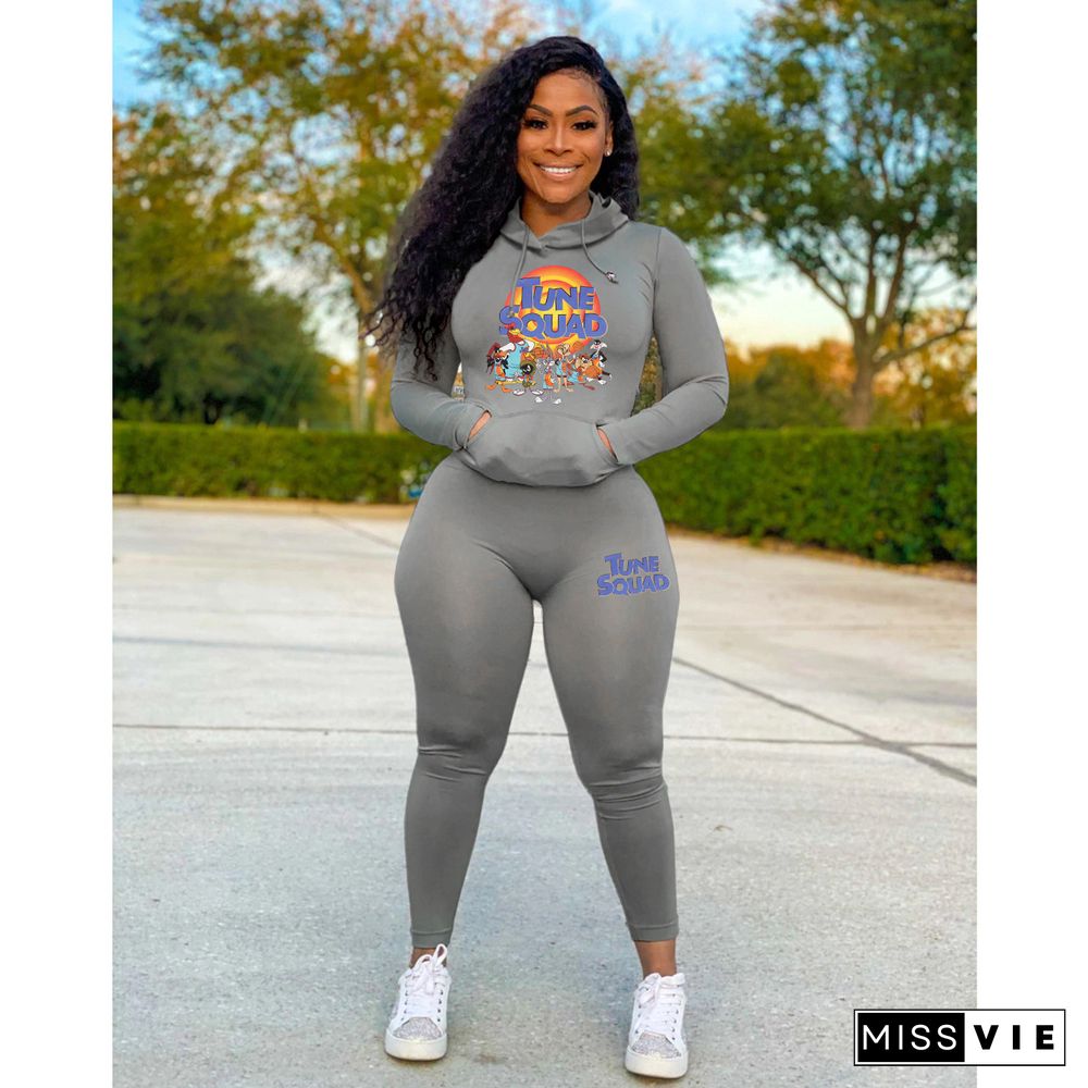 Workout Cartoon Print Hooded Tops 2 Piece Pants Set