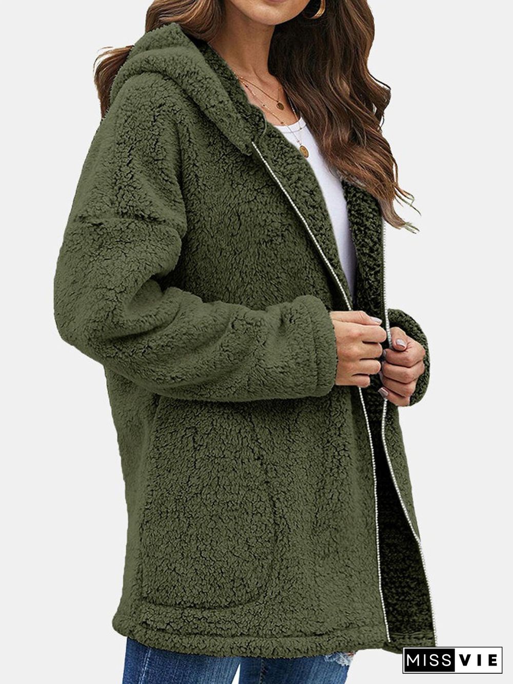 Plain Long Sleeve Hoodie Pockets Plus Size Casual Plush Coat