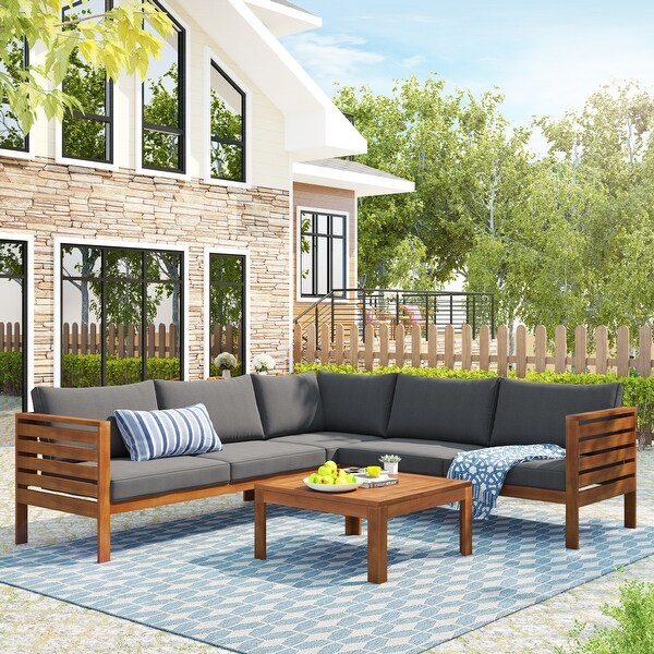 Acacia Wooden Outdoor Sectional Sofa Set，WaterResistant and Uv Protected Texture Sofa with Cushions and Table