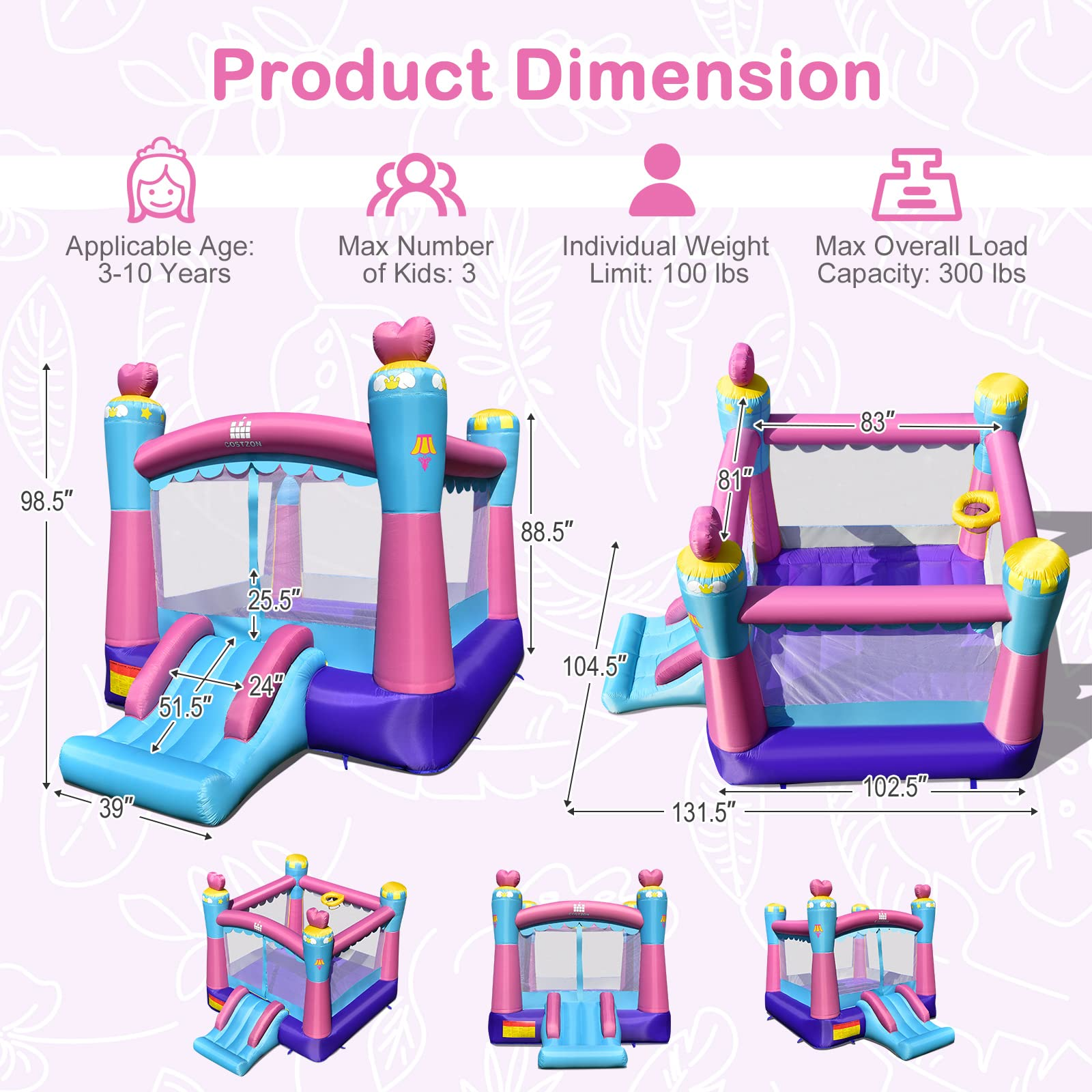 Costzon Inflatable Bounce House, Princess Bouncy House for Kids Indoor Outdoor Party Family w/550W Blower