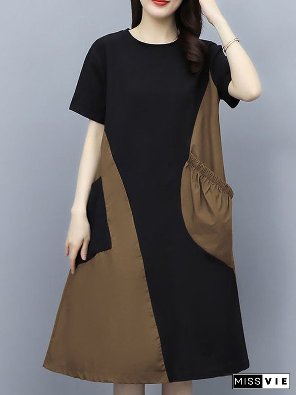 Contrast Stitching Dress In Long Large Size Loose Slim Belly Skirt