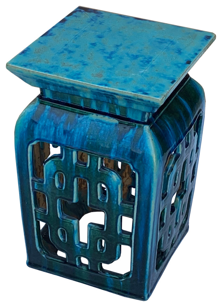 Chinese Ceramic Square Turquoise Green Knot Garden Stand Table Hcs7286   Asian   Accent And Garden Stools   by Golden Lotus Antiques  Houzz