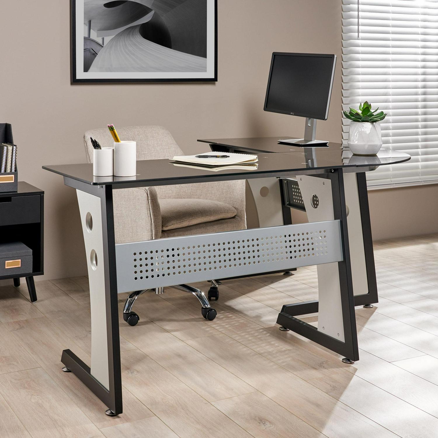 Noble House Ebba L Shaped Office Desk with Tempered Glass Top， Black， Grey