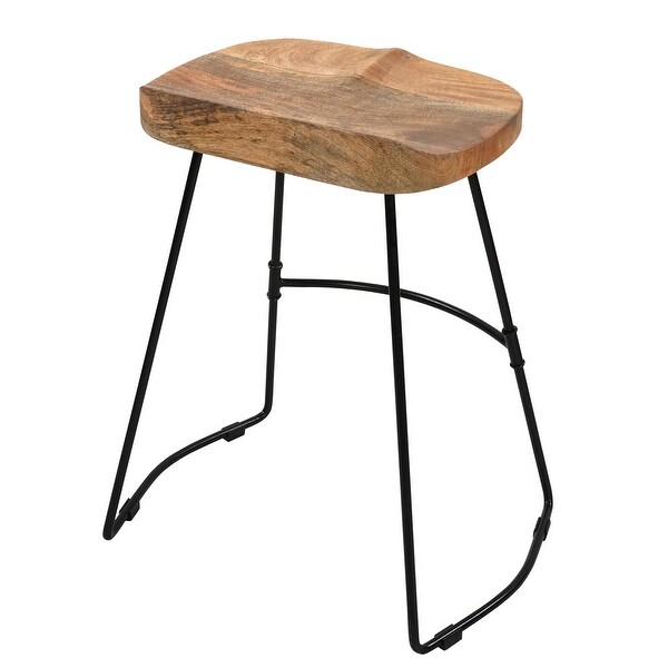 Tiva 24 Inch Handcrafted Backless Counter Height Stool， Brown Mango Wood Saddle Seat， Black Metal Base