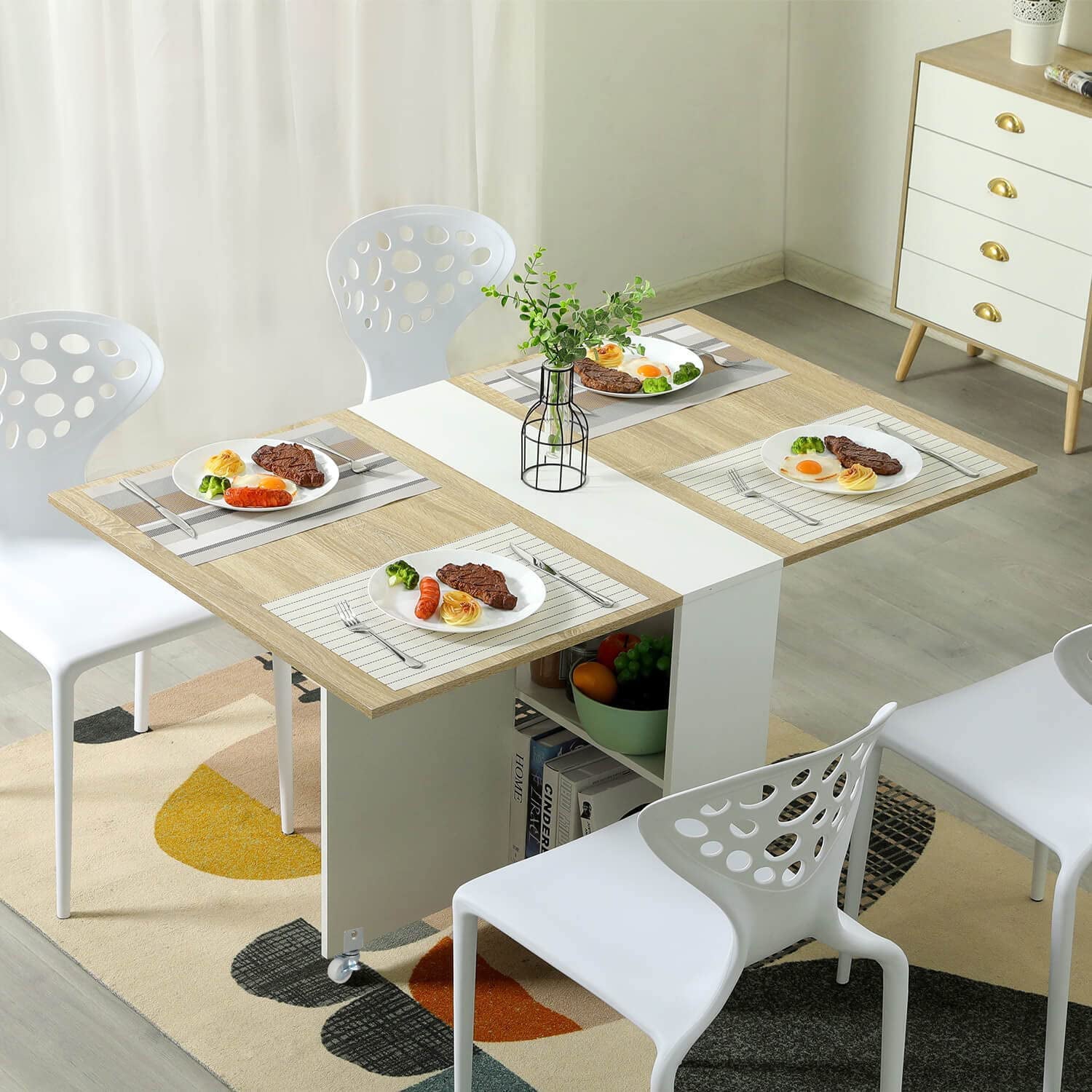 Folding Dining Table Multifunction Rolling Drop Leaf Desk, Kitchen Bedroom Living Room Small Space, Square White Wooden