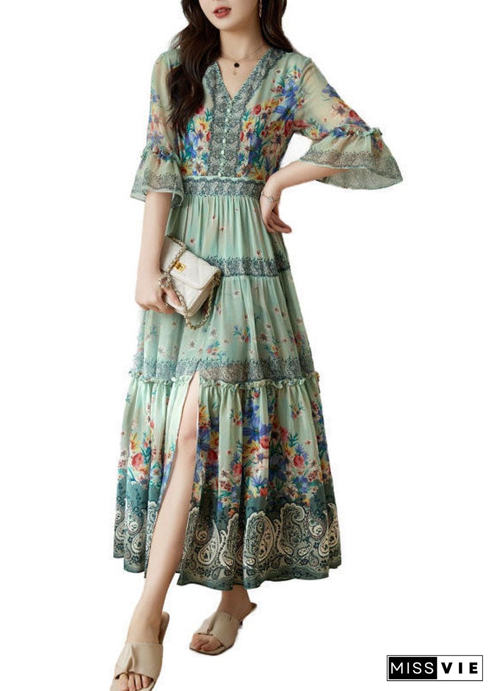 Art Light Green V Neck Ruffled Print Silk Long Dress Flare Sleeve