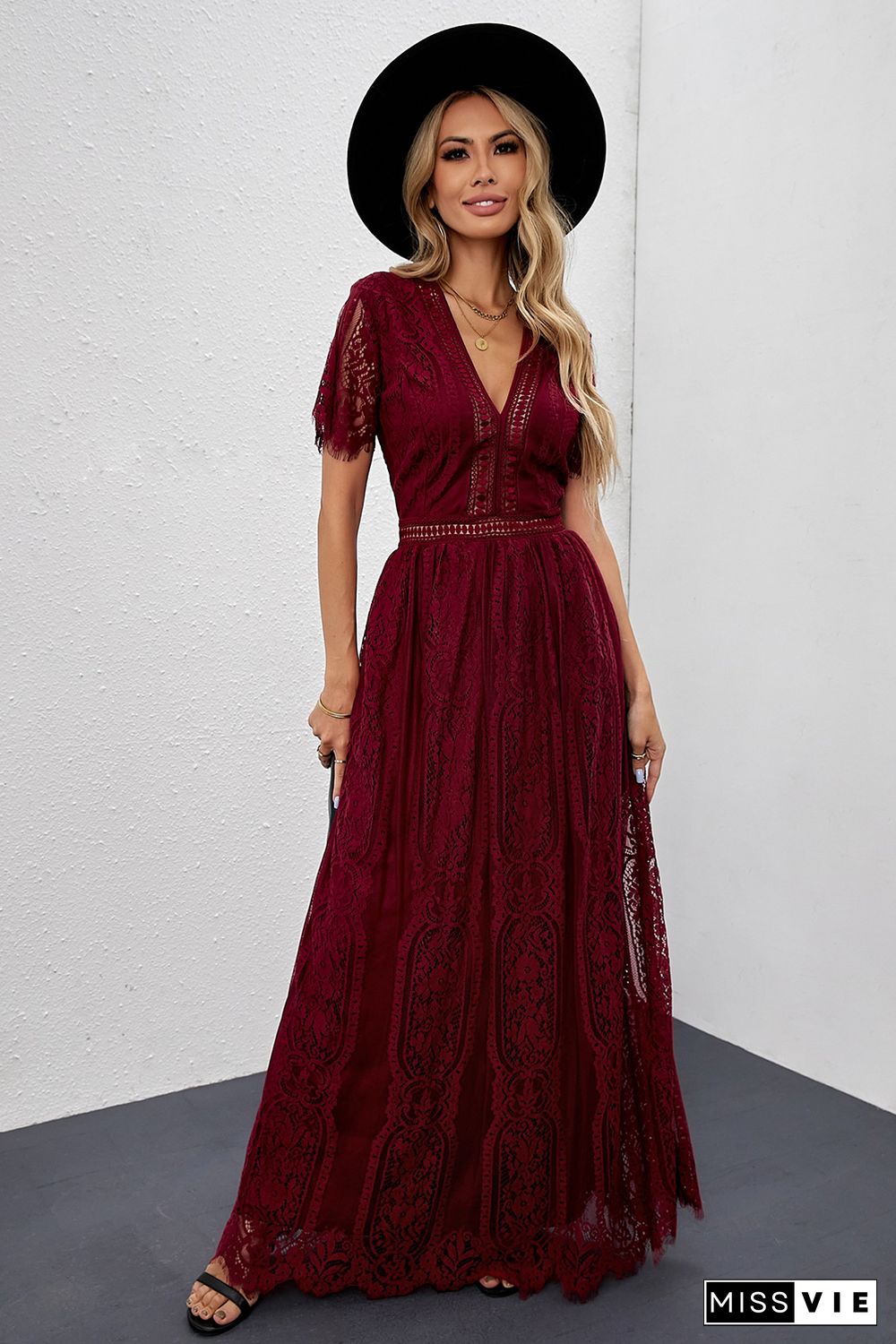 Burgundy Deep V Neck Short Sleeve Lace Maxi Dress