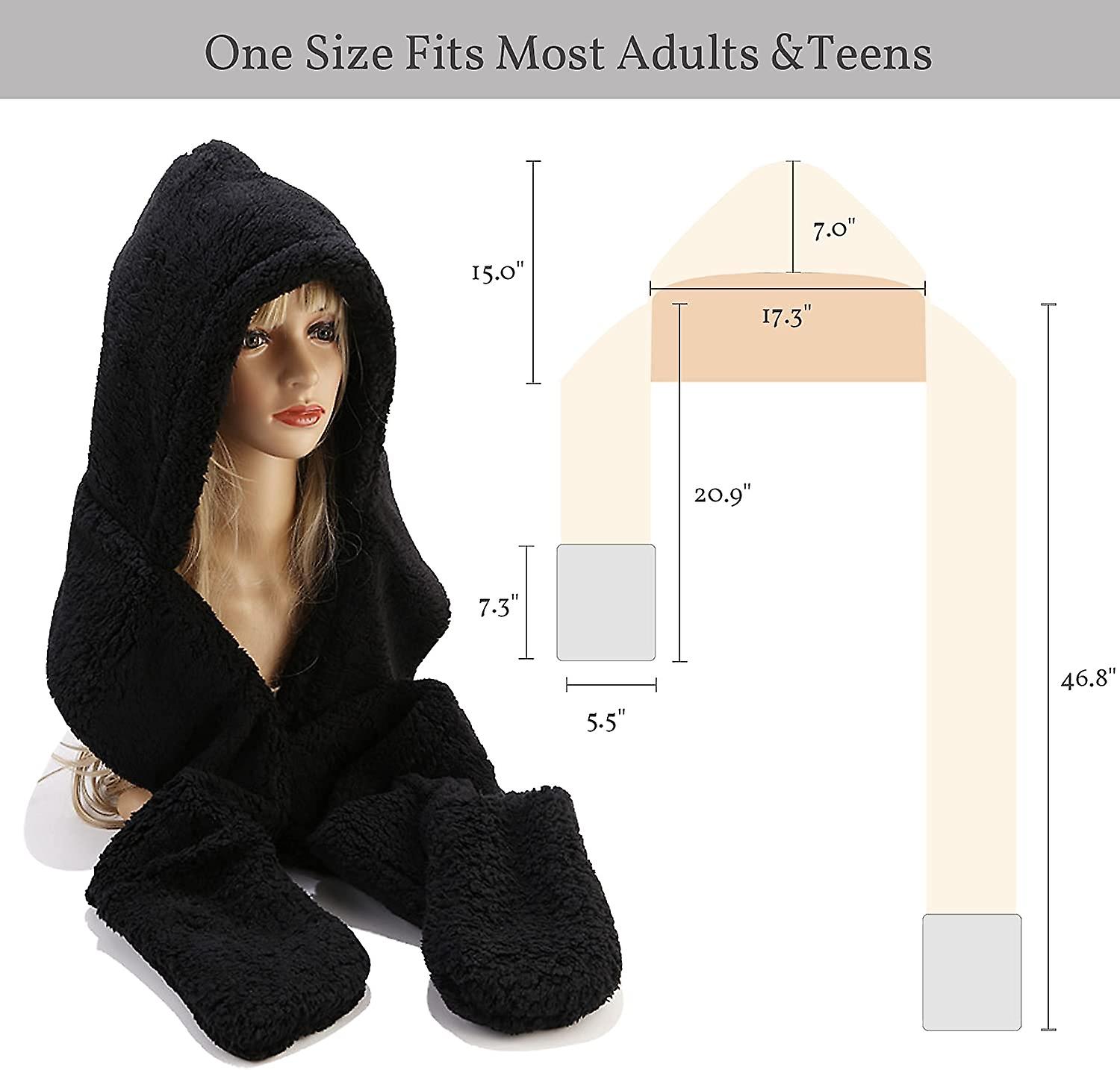 Winter Faux Fur Hood Hat Scarf And Gloves 3 In 1 Hooded Scarf For Women Men Black -