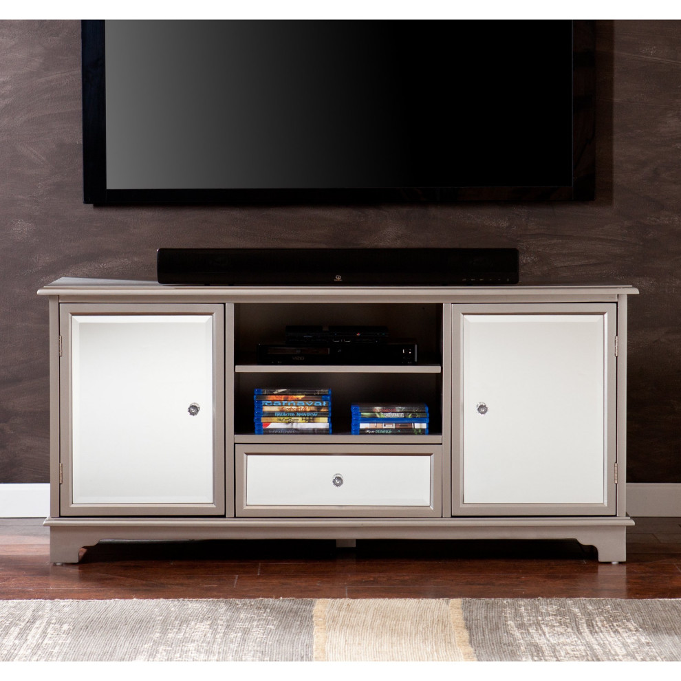 Contemporary TV Stand  Beveled Mirror Accents With Crystal Knobs  Silver Finish   Transitional   Entertainment Centers And Tv Stands   by Declusia  Houzz