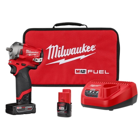 Milwaukee 2554-22 Stubby Impact Wrench Kit， Kit， 12 V Battery， 2， 4 Ah， 3/8 in Drive， 250 ft-lb， 2700 rpm Speed