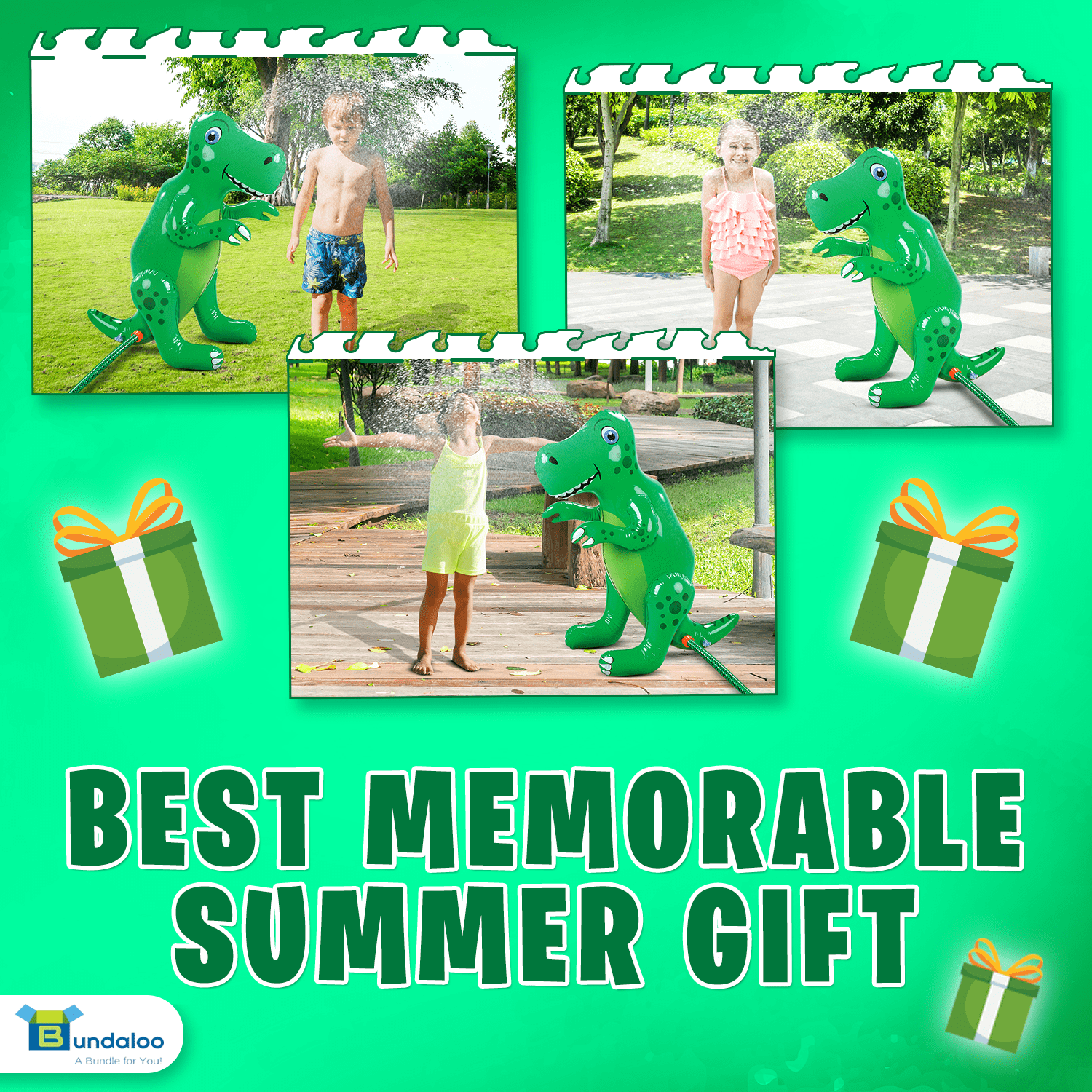 Bundaloo Inflatable Dinosaur Sprinkler - Fun Outdoor Water Toy for Boys and Girls Age 3 and Up- Beach， Lawn， Park， Backyard Splash Activities for Summer - Decorative Dino-Themed Birthday Party Games