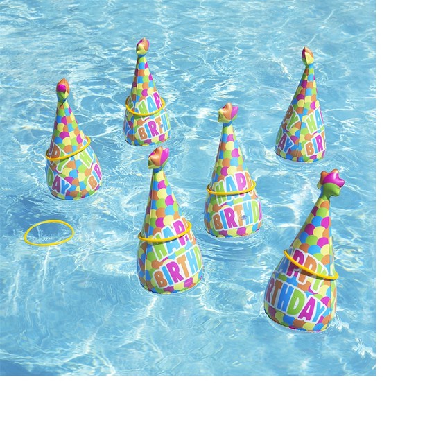 Inflatable quot happy Birthday quot Party Hat Ring Toss Swimming Pool Game 6pc Yellow blue