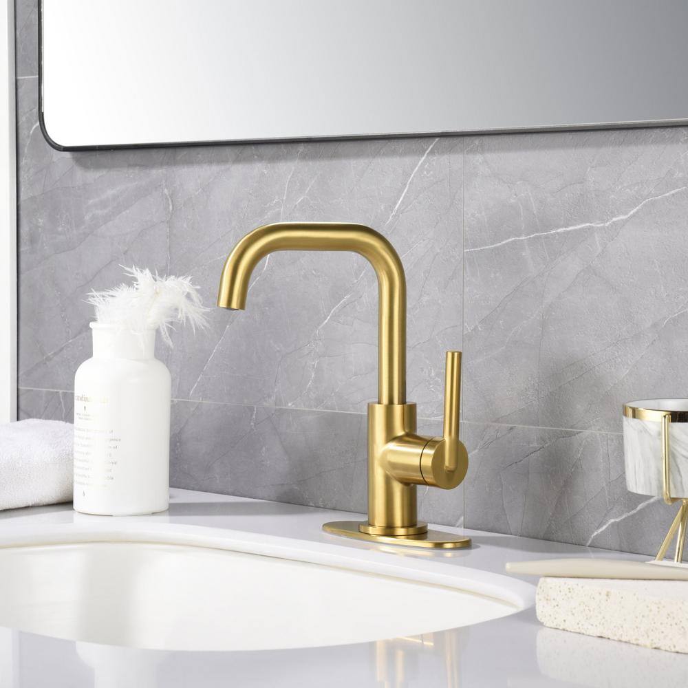 Ultra Faucets Kree Single Hole Single-Handle Bathroom Faucet Rust and Spot Resist with Drain Assembly in Brushed Gold UF30708