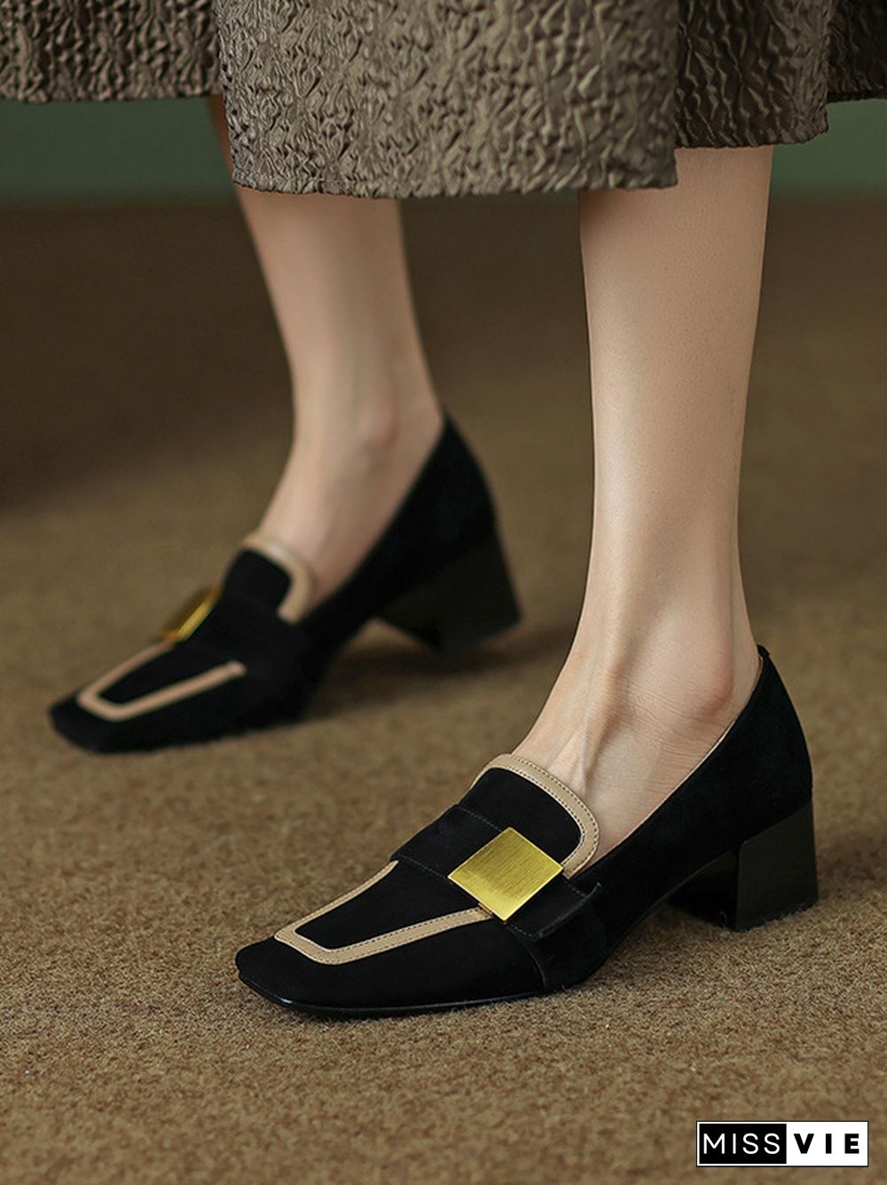 Contrast Color Square-Toe Mid Heels Loafers