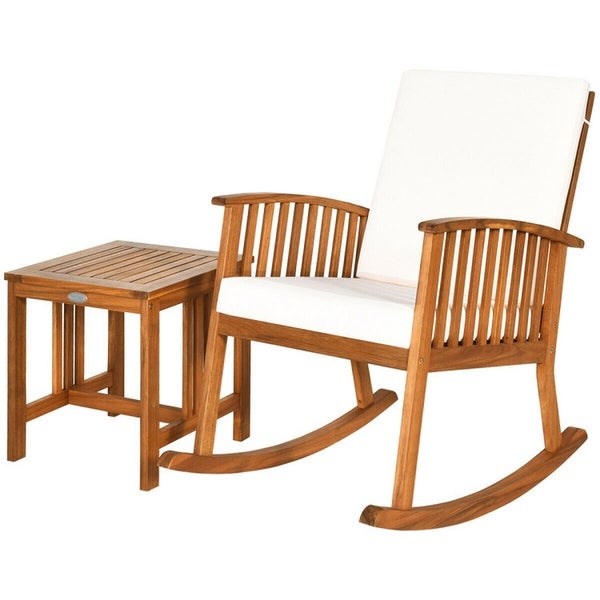 2 Pieces Acacia Wood Patio Rocking Chair Table Set -  - 37563814