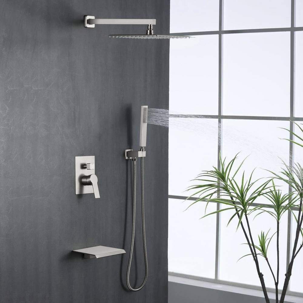 FLG Single-Handle 1-Spray Tub and Shower Faucet with Hand Shower and 12 in. Shower Head in Brushed Nickel (Valve Included) SS-0057-BN-12