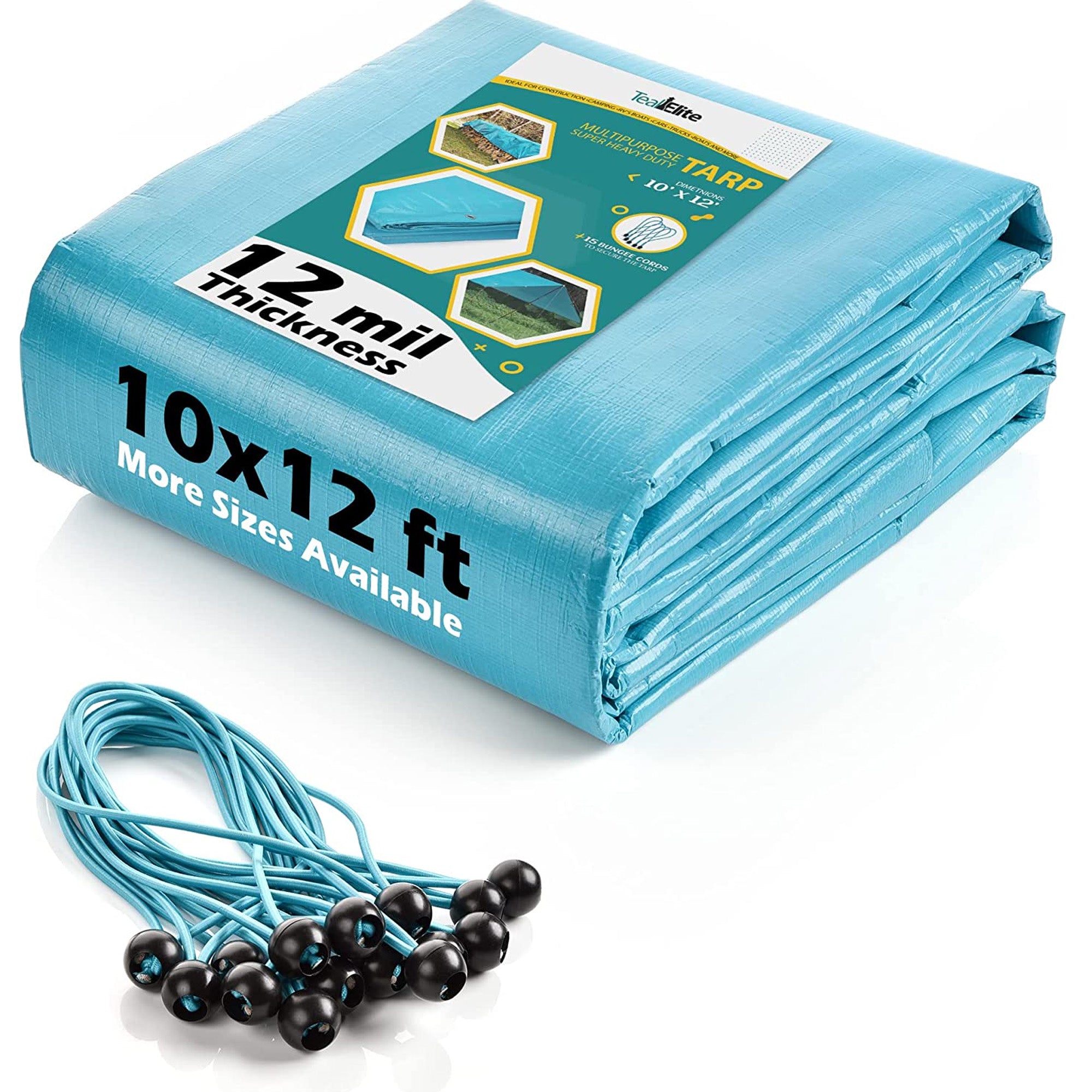 Teal Elite Multipurpose Waterproof Tarp Cover and Bungee Cords Set, 10" x 12"